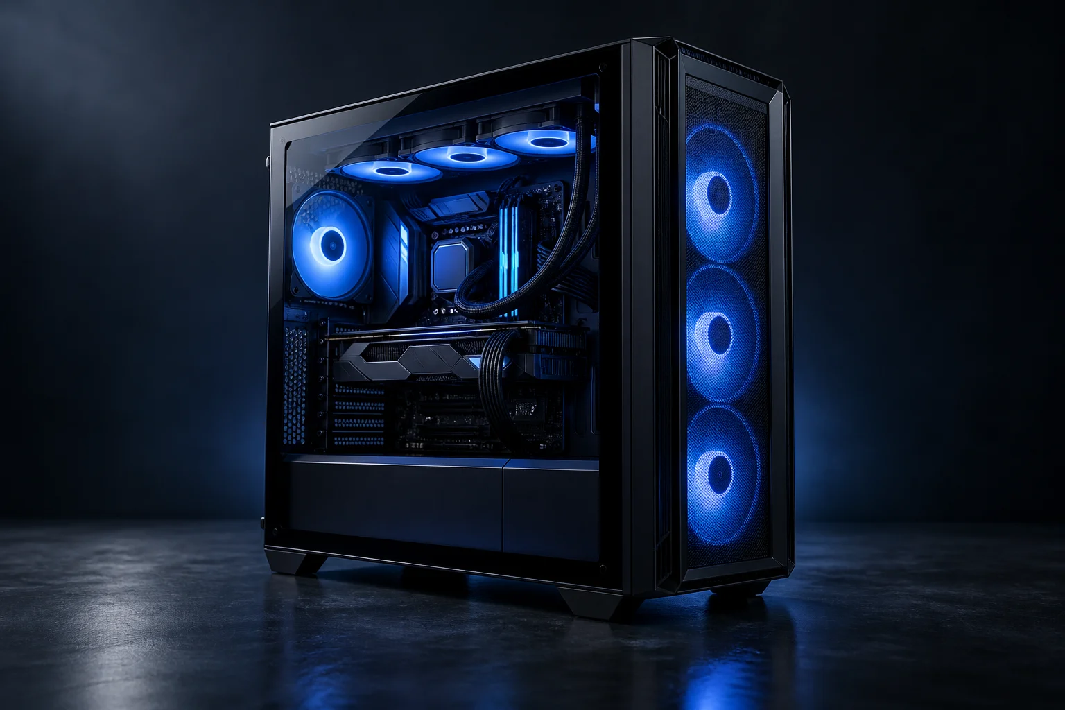 Illustrative custom gaming desktop with blue lighting
