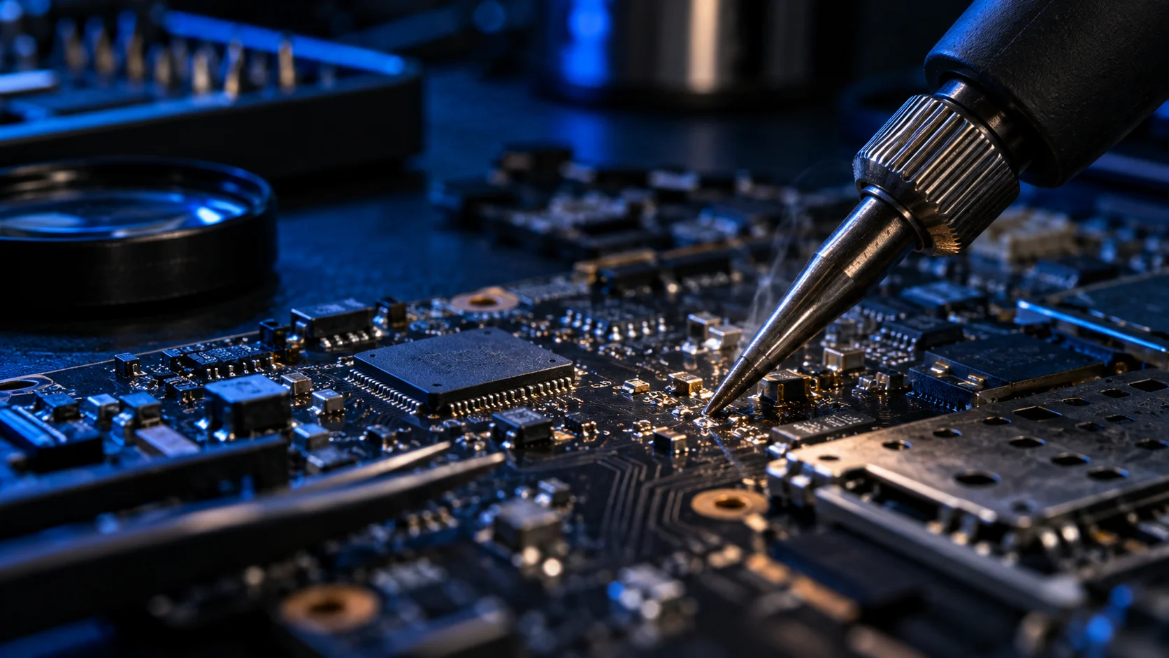 Close-up illustration of precision work on an electronic circuit board
